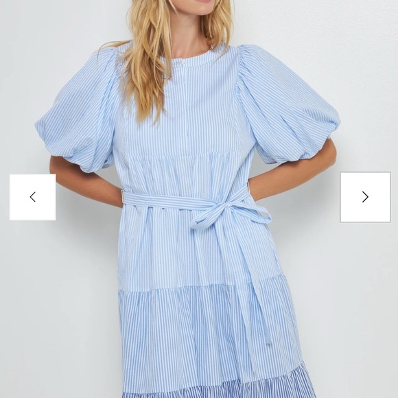 English Factory Puff Sleeve Round Neckline Midi Stripes Tiered Blue Dress Size S - Picture 5 of 15